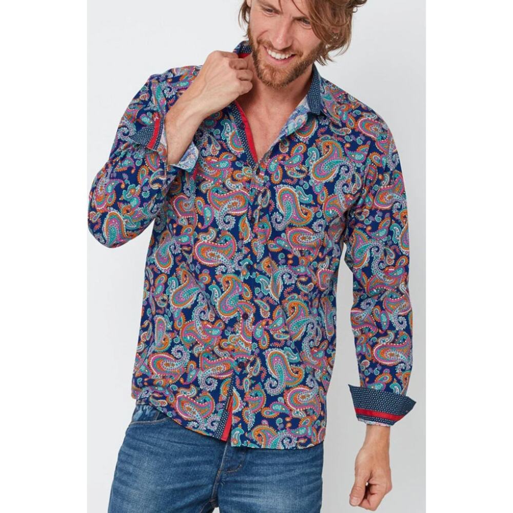 Jimmy Stuart Blue Paisley Long Sleeve Button Front Shirt Medium